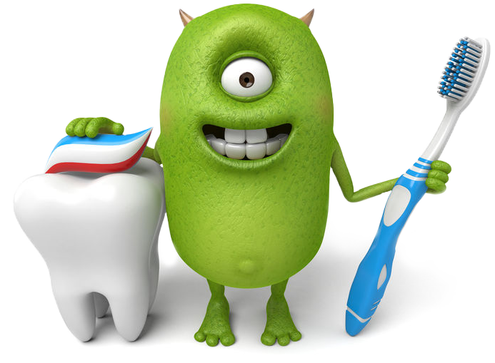 green monster holding toothbrush